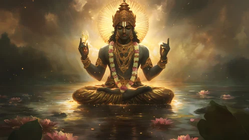 Divine deity meditates over glowing lotus lake at dusk