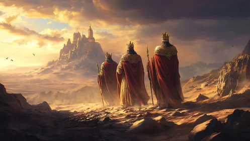 Regal monarchs crossing sunlit desert toward citadel fortress.