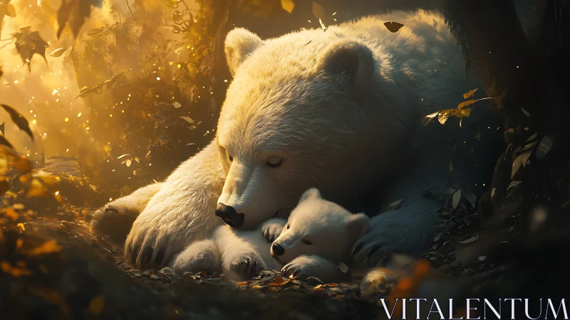 Mother bear rests closely beside two cubs in forest light