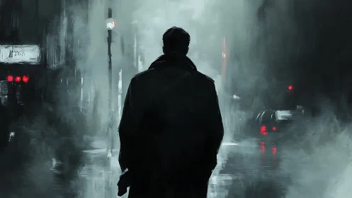 Solitary figure in foggy noir city street at night.