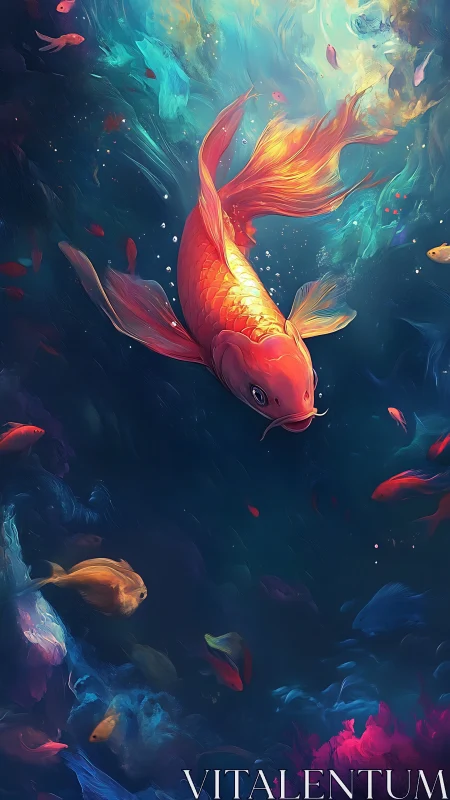 Golden koi swims through luminous teal and coral water