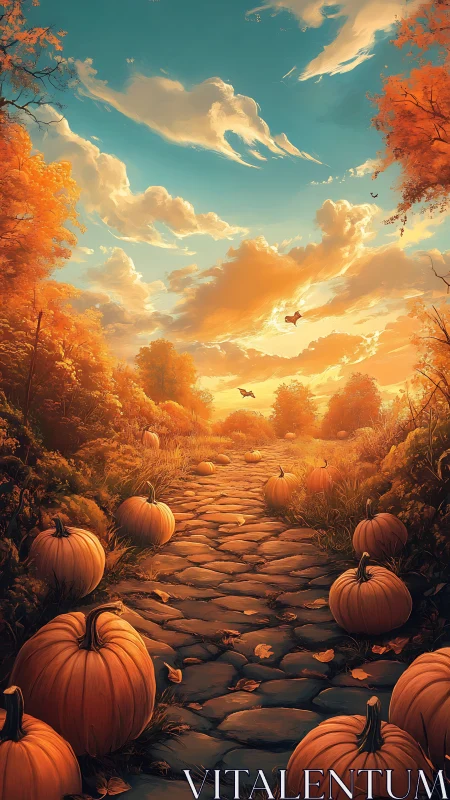 Golden pumpkin path winding through a dreamy autumn sunset.
