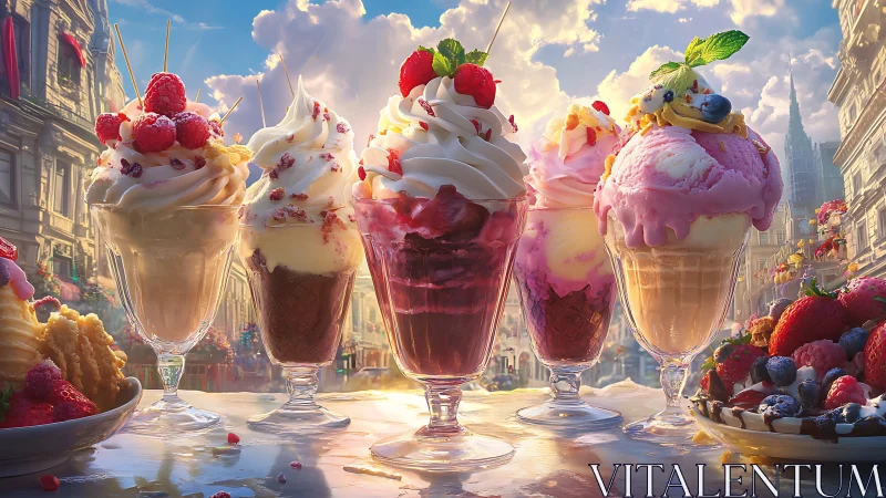 Row of decorated ice cream sundaes stands on reflective table