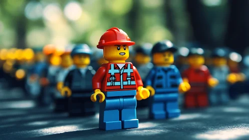 Lego construction leader stands before blurred worker line.