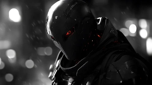 Cybernetic enforcer portrait under neon bokeh in chiaroscuro