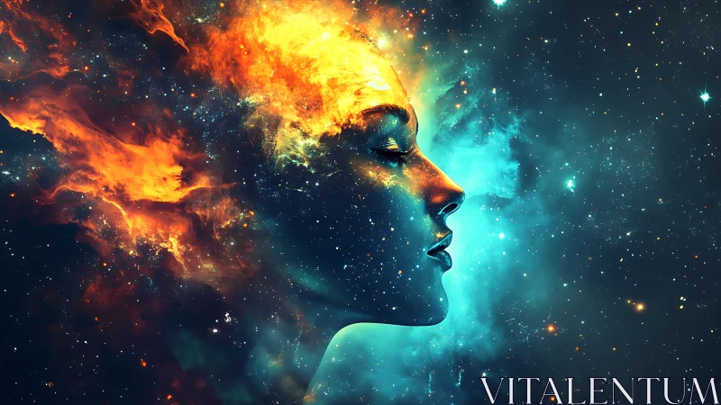 Stellar woman profile merging with cosmic fire and nebulae.
