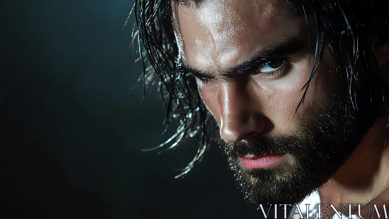 Intense wet portrait captures fierce male gaze in shadow