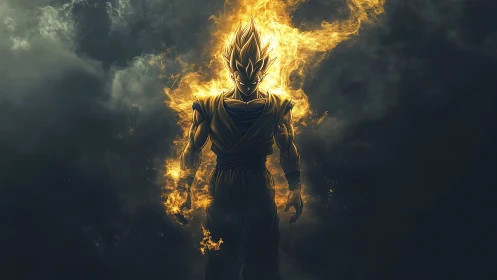 Fiery anime warrior stands in glowing power aura.