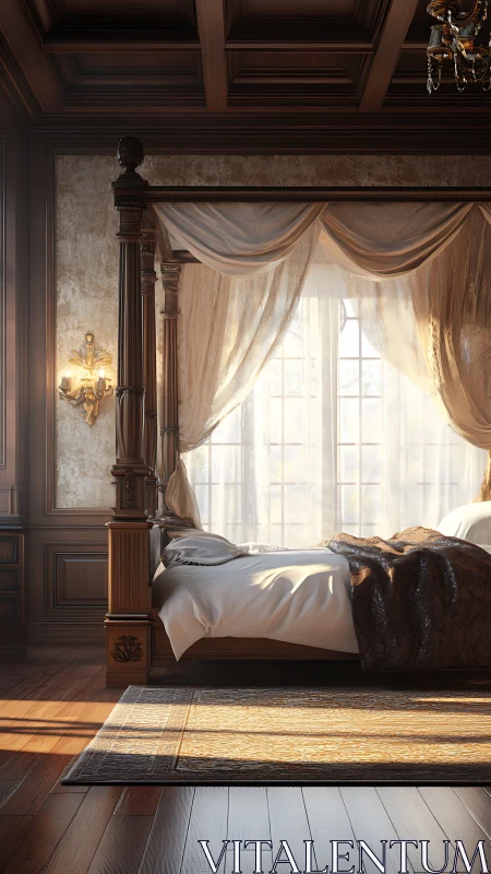 Four-poster bed in paneled bedroom with draped window.