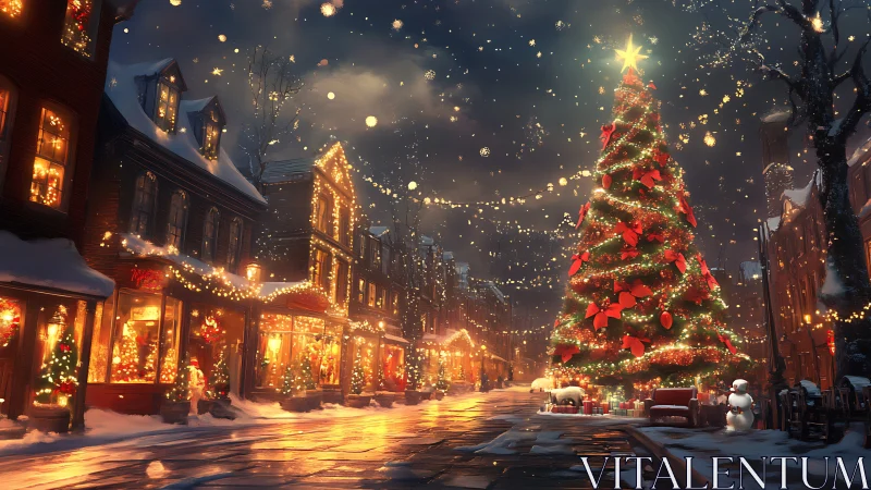 Nocturnal urban plaza with illuminated Christmas conifer centerpiece.