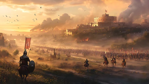 Armored cavalry observe vast army marching on city walls.