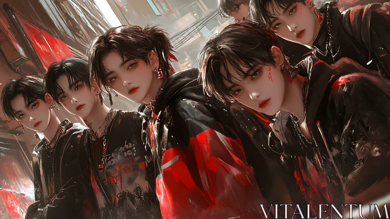 Stylish street rebels sharing a bold, electric moment together.