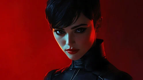 Dark-haired woman stares forward under stark red light