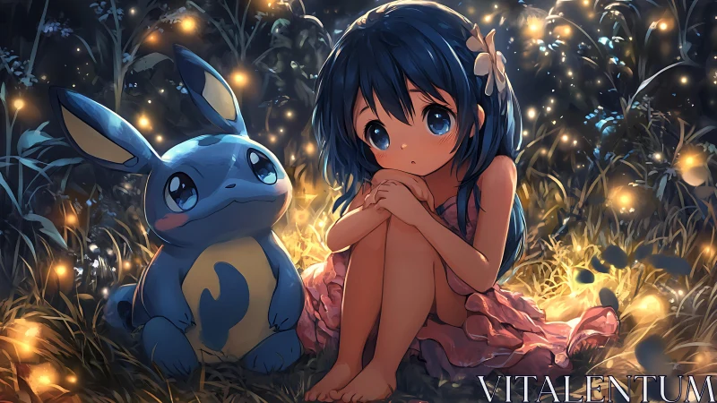 Girl and blue creature sit in glowing firefly meadow at night