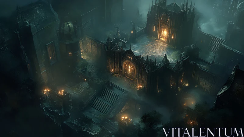 Gothic citadel courtyard in volumetric nocturnal fog.