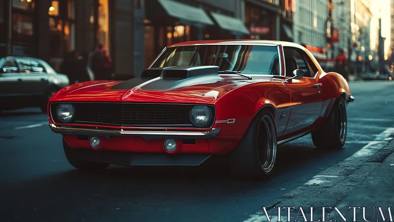 Red vintage muscle car parked on urban street at dusk.
