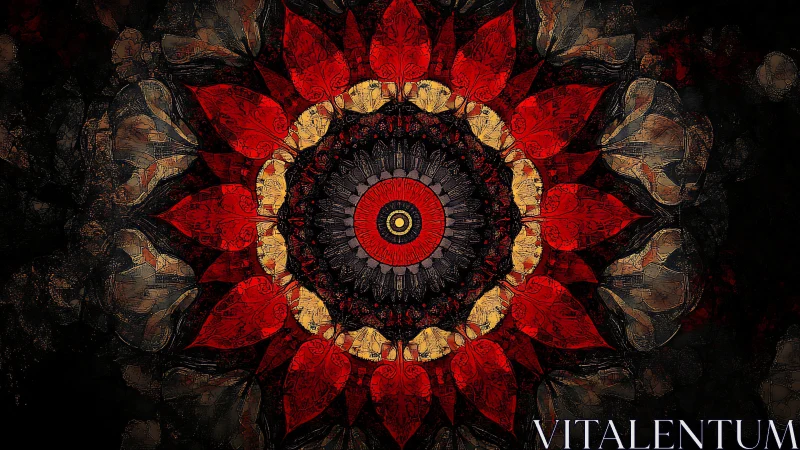 Radial red mandala flower expands from dark textured void