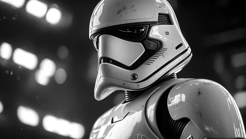 Chrome-clad space sentry in brooding monochrome glow.