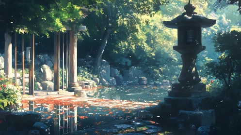 Sunlit Japanese garden pond with stone lantern and gate.