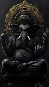 Ornate dark Ganesha idol with luminous golden halo detailing.