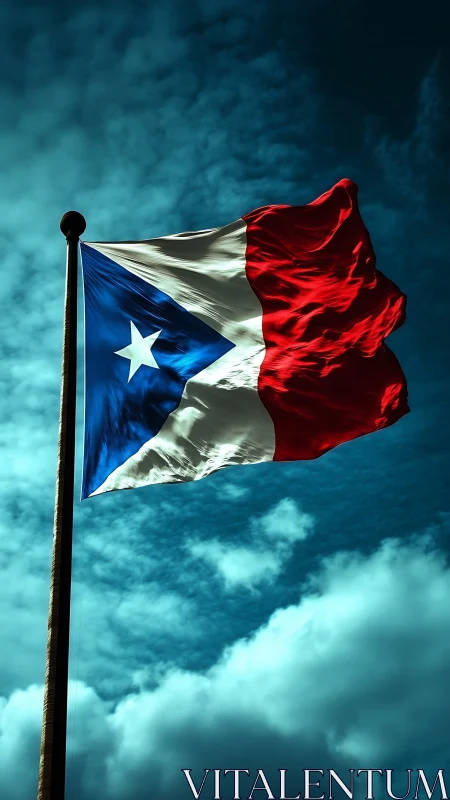 Puerto Rico flag waves on tall pole against cloudy sky