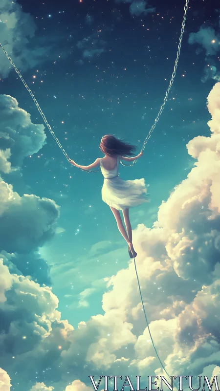 Girl on celestial swing suspended in luminous cloudscape