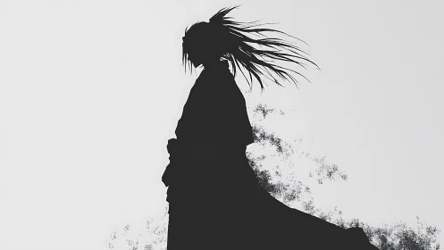 Solitary samurai silhouette stands amid drifting shadows