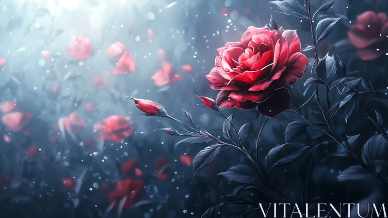 Red Rose in Misty Garden with Blue Foliage.