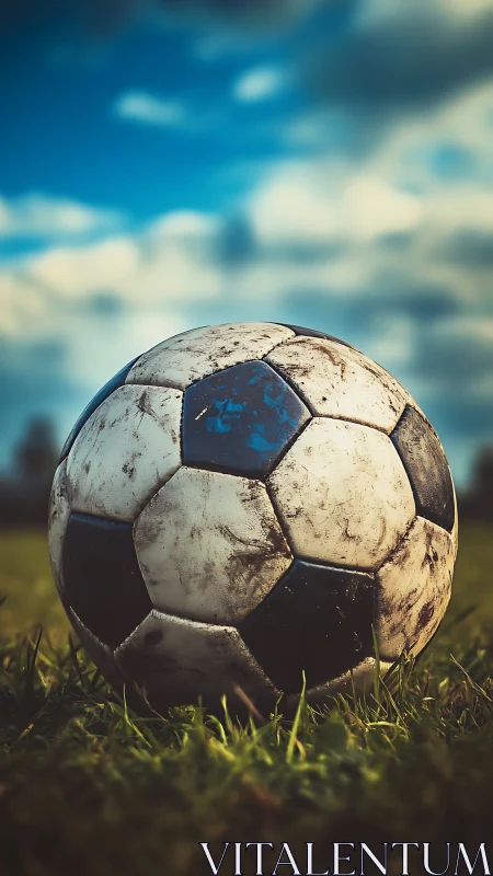 Weathered soccer ball on grassy field under moody sky.