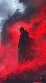 Solitary cloaked figure amid dense red and gray clouds.