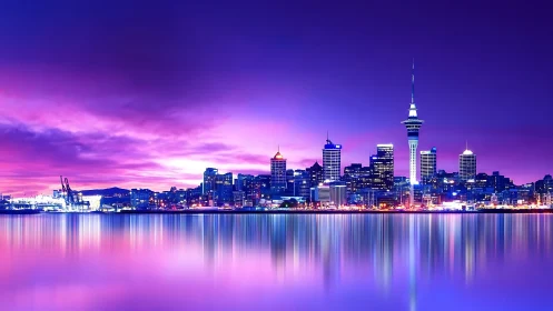 Dreamy harbor city skyline glowing in twilight colors.