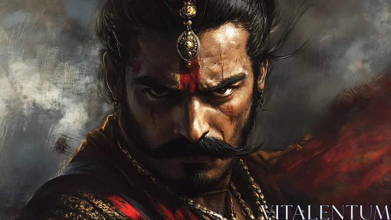 Warrior’s fierce gaze commands a storm of smoke and fire.