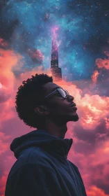 Skybound dreamer beneath neon cosmos and rising tower.