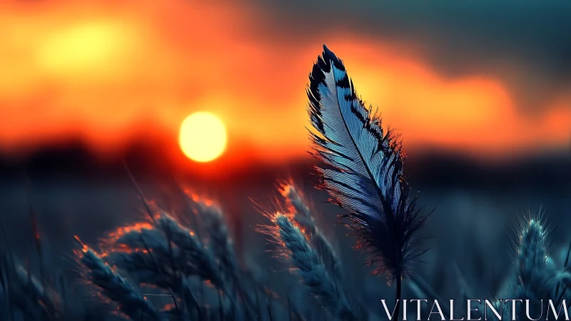 Gentle blue feather resting softly in a fiery sunset field.