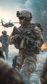 Stormlit soldier stride in a rain-soaked frontline moment.