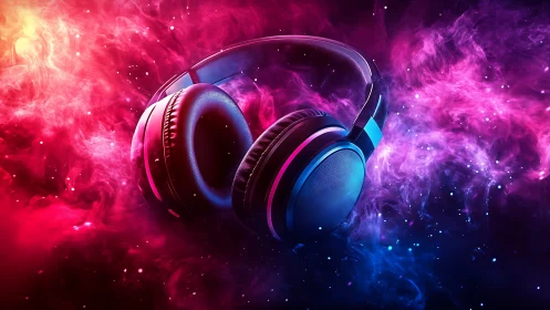 Neon headphones float through vibrant cosmic sound waves