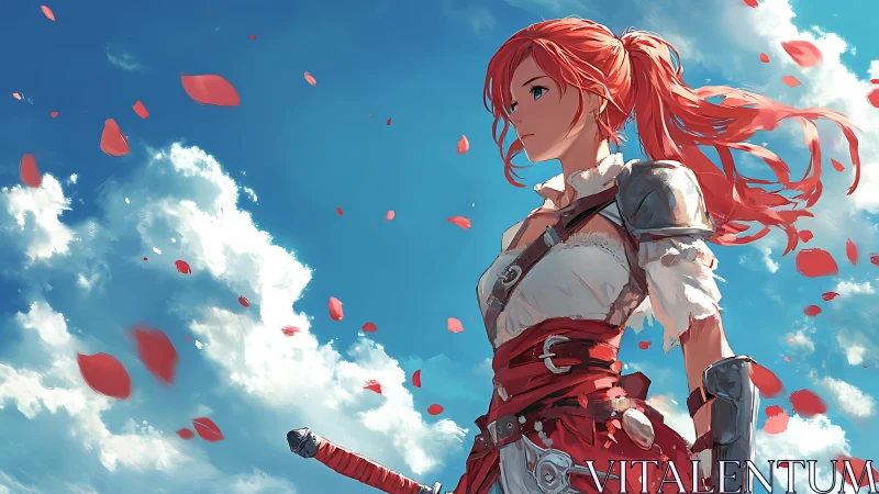 Skybound scarlet swordswoman among drifting rose petals.