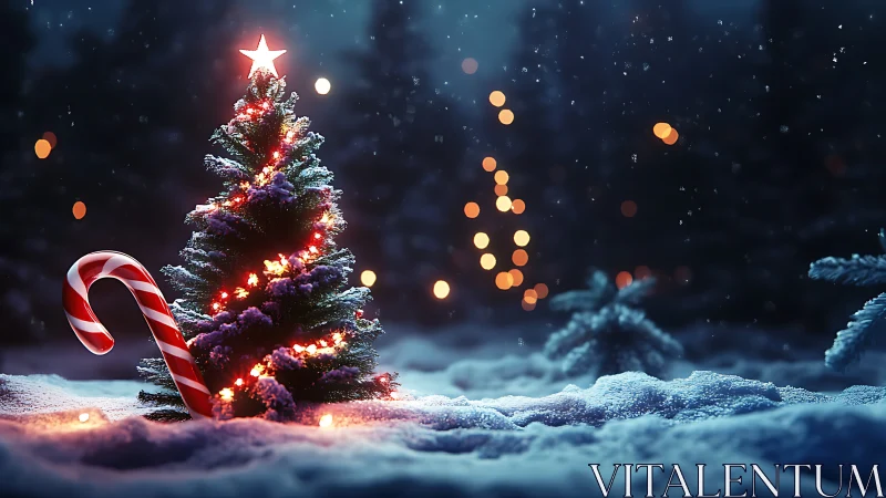 Snowy Christmas tree glows beside candy cane at night