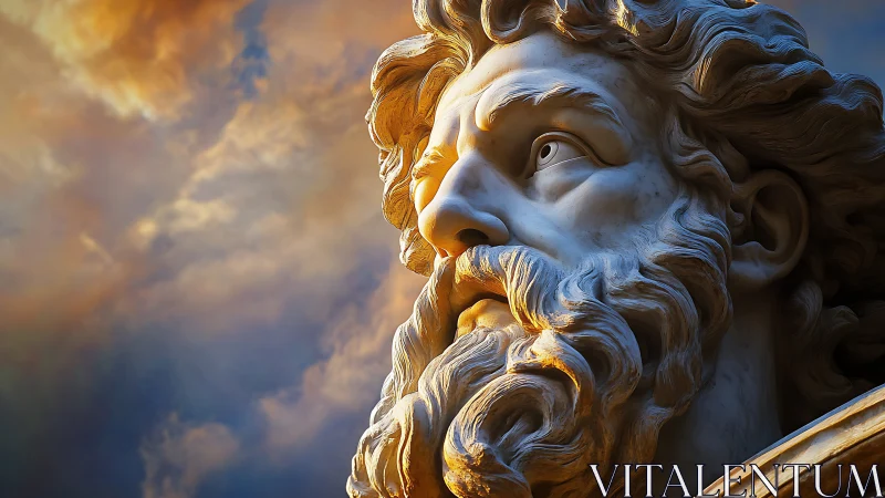 Classical bearded stone statue head against cloudy sky.