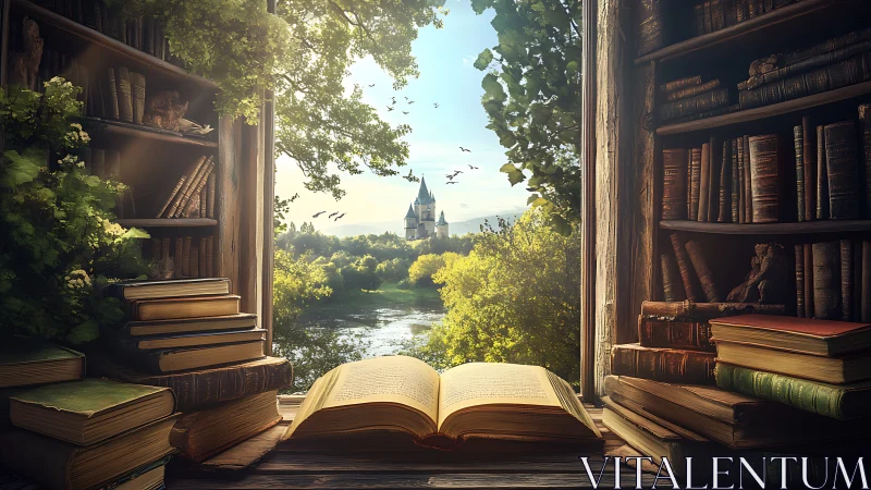 Storybook window into a sunlit riverside castle realm.