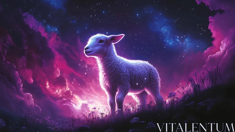 Lamb standing in luminous meadow under nebula night sky.
