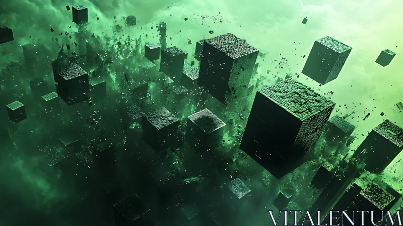 Floating green digital cubes in a fragmented stormy void.