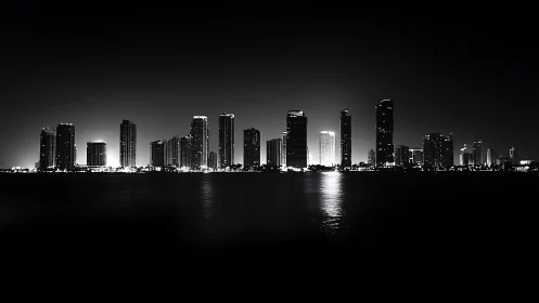 Nocturnal city skyline glowing over reflective bay waters.
