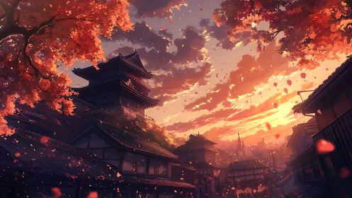 Sunset-illuminated Edo-style rooftops under dense maple foliage