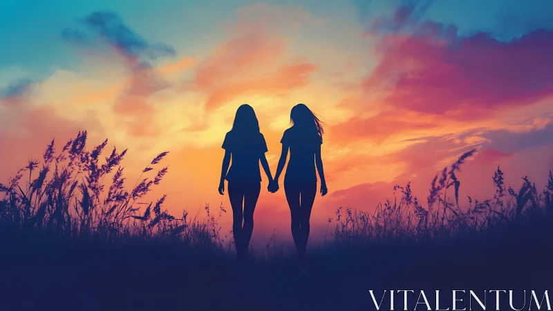 Two people holding hands at sunset in a dreamy, colorful landscape.