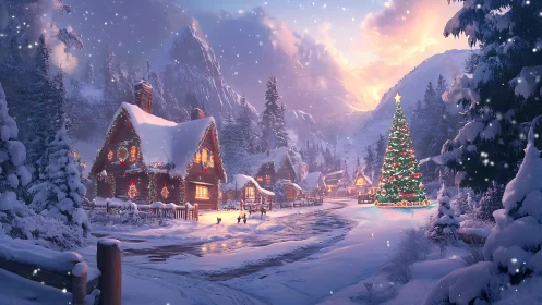 Snowy mountain village shows illuminated Christmas cabins and tree