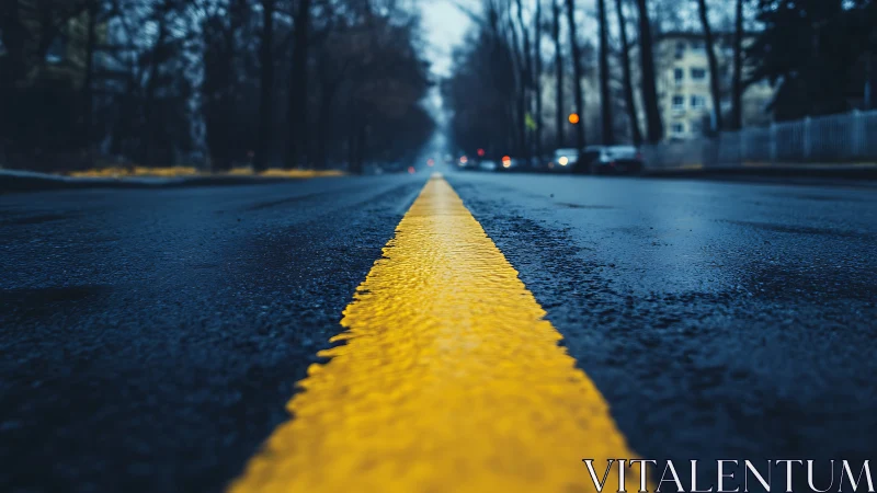 Low angle wet asphalt roadway with central yellow divider line