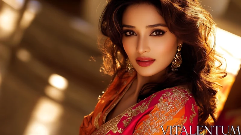 Photorealistic portrait with warm bokeh and ornate textile detail.