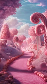 Surreal Pink Landscape with Candy-Textured Flora and Spiral Architectural Elements