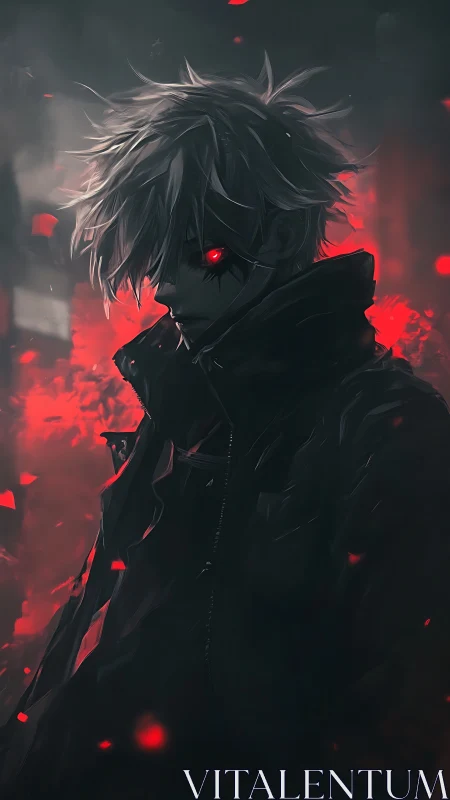 Shadowlit rebel with a burning crimson gaze at dusk.